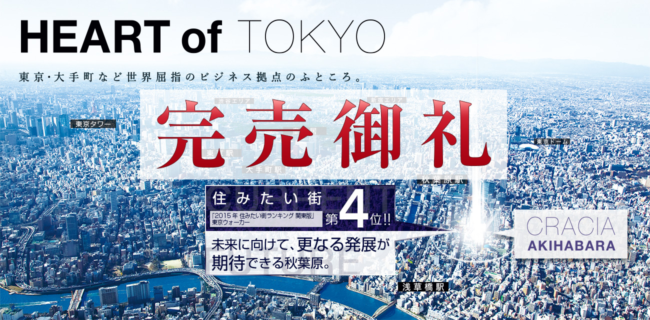 東京大手町など世界屈指のビジネス拠点のふところ。住みたい街第４位、未来に向けて、更なる発展が期待できる秋葉原。
