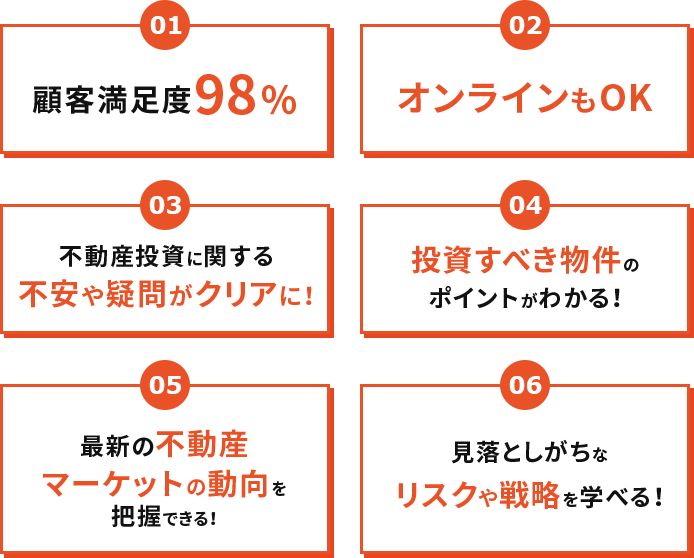 顧客満足度98%オンラインもOK不安や疑問がクリアに！投資すべき物件のポイントがわかる！最新の不動産マーケットの動向を把握できる！見落としがちなリスクや戦略を学べる！